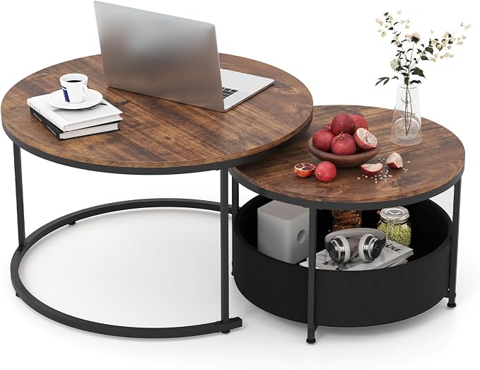 Tangkula Round Nesting Coffee Table Set of 2, Wooden Center End Table by TANGKULA