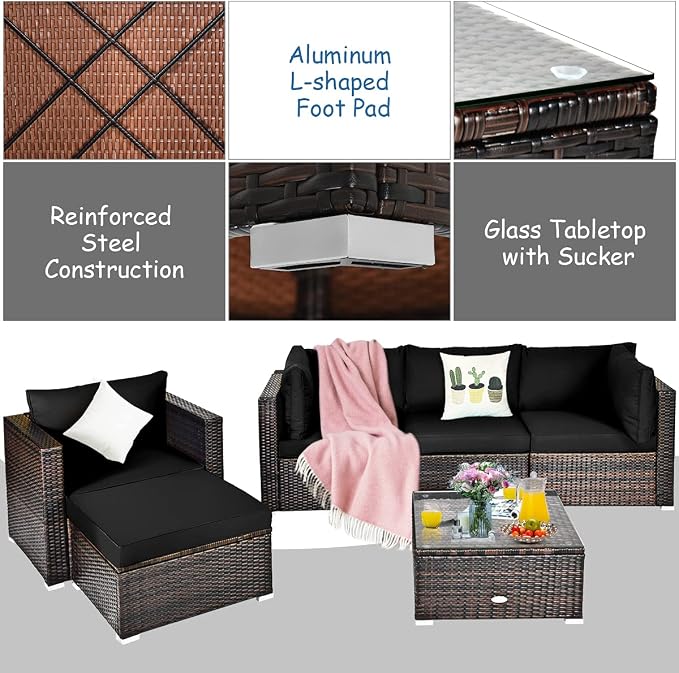 Tangkula 6 Pieces Wicker Patio Furniture Set, PE Rattan Outdoor Sectional - Image 7