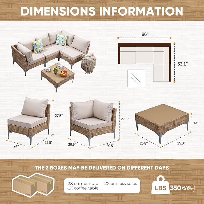 JOYURE 5 Piece Wicker Patio Furniture Set, Outdoor Conversation Sectional Sofa - Image 2