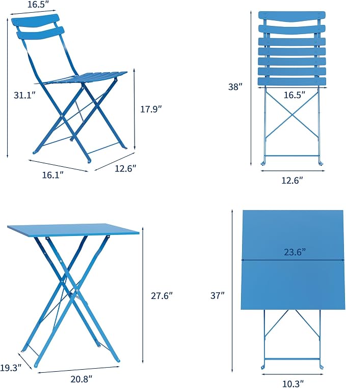 GarveeLife 3 Piece Patio Bistro Set, Folding Patio Bistro Table and Chairs Set - Image 7