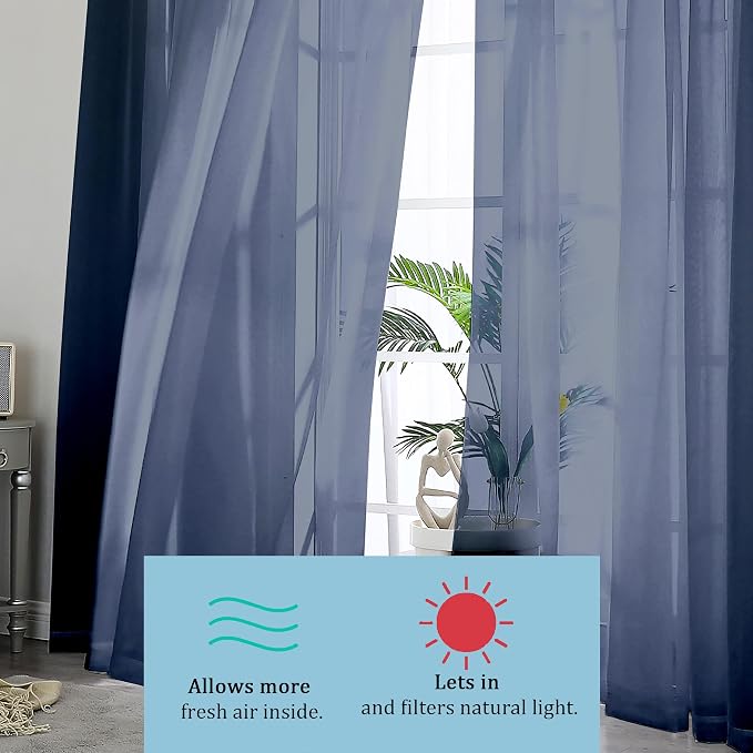 OWENIE Navy Blue Sheer Curtains 90 Inches Long, Solid Light Filtering Sheer - Image 7