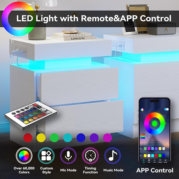 LIKIMIO Night Stand with Charging Station, Modern White Nightstand with LED - Image 8