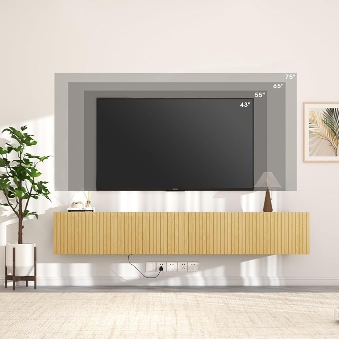 71” Floating TV Stand with LED Lights & Charging Station, Wall Mounted - Image 6