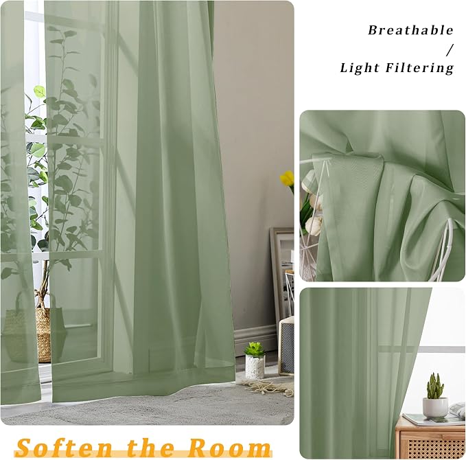 Gwine Sage Green Sheer Curtains 63 Inch Length - Image 4