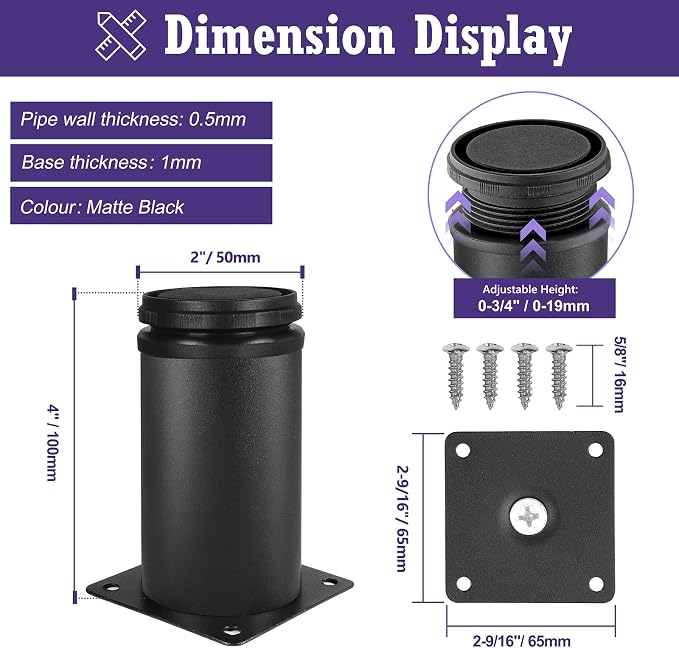 4 Inch Metal Furniture Legs Stainless Steel Adjustable Legs Black Metal Legs - Image 5