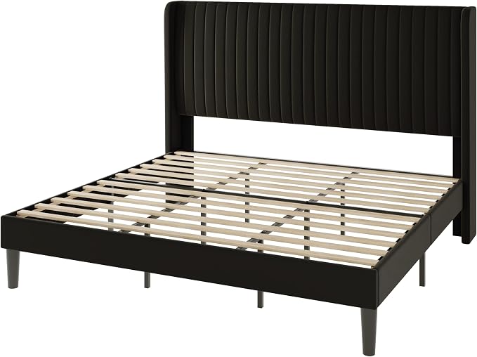 Allewie King Size Velvet Bed Frame/Vertical Channel Tufted Wingback - Image 9