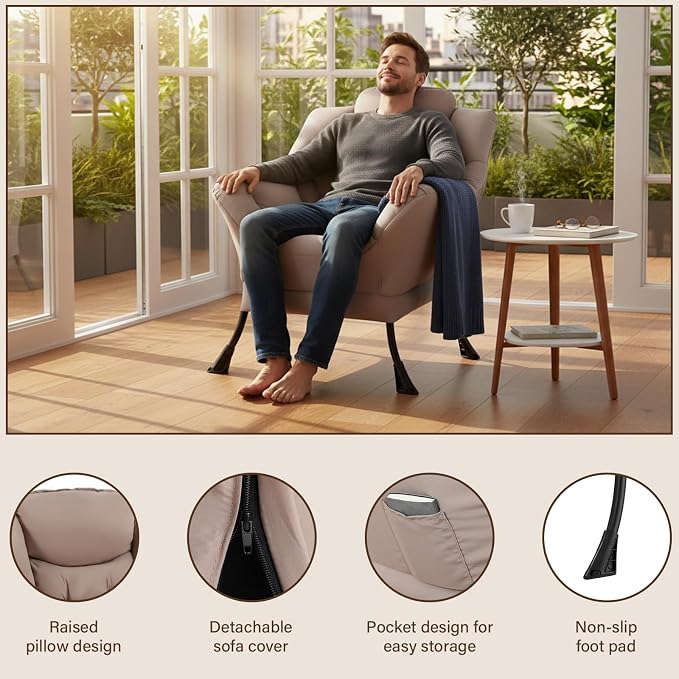 Welnow Khaki Single Lazy Chair for Living Room, Modern Reading Accent Chair - Image 4