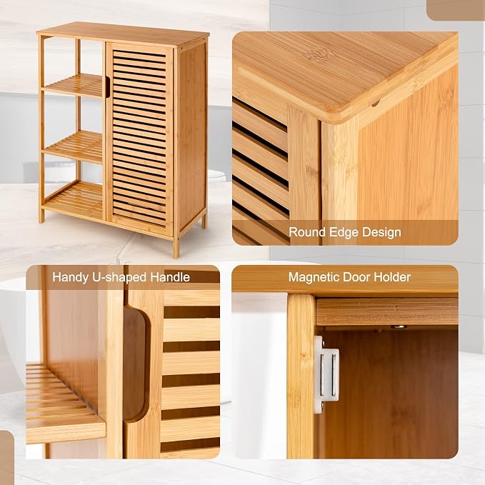 Tangkula Bamboo Bathroom Floor Cabinet, Storage Cabinet - Image 7