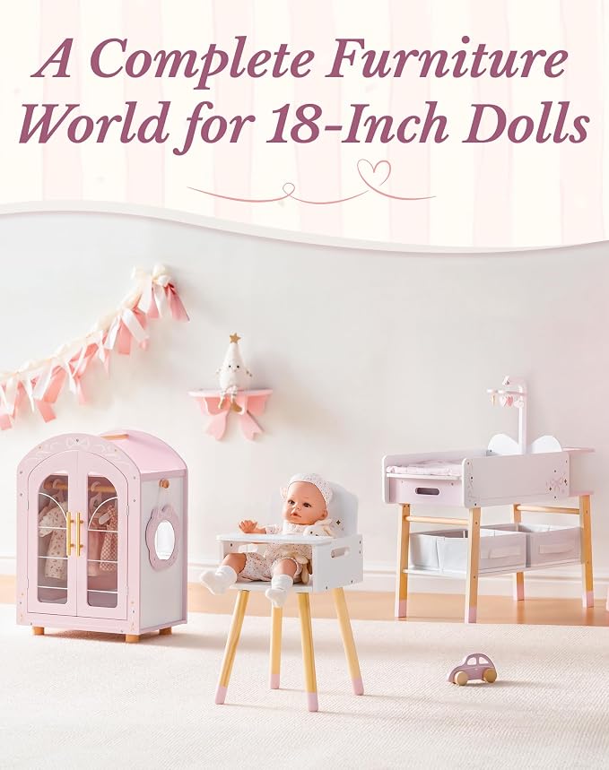 ROBOTIME 18 Inch Doll Changing Table, Wooden Baby Doll Bed - Image 3