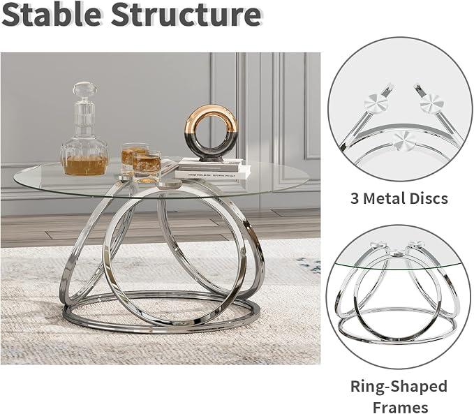 O&K FURNITURE Silver Coffee Table, Modern Glass Coffee Table Living Room Table - Image 6