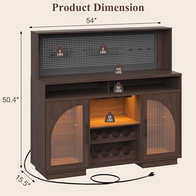 54" Coffee Bar Cabinet with Pegboard, Baskets & Movable Charging Station - Image 2