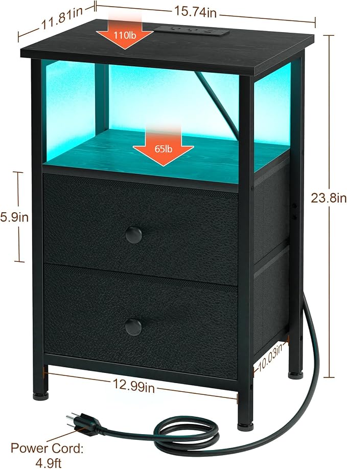 LOAKEKEL LED Night Stand with Charging Station, Small Bedside Table with USB - Image 7