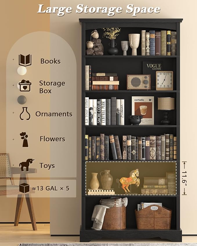 TVU 6-Tier Wooden Bookshelf, 76 Inch Tall Bookshelf - Image 4