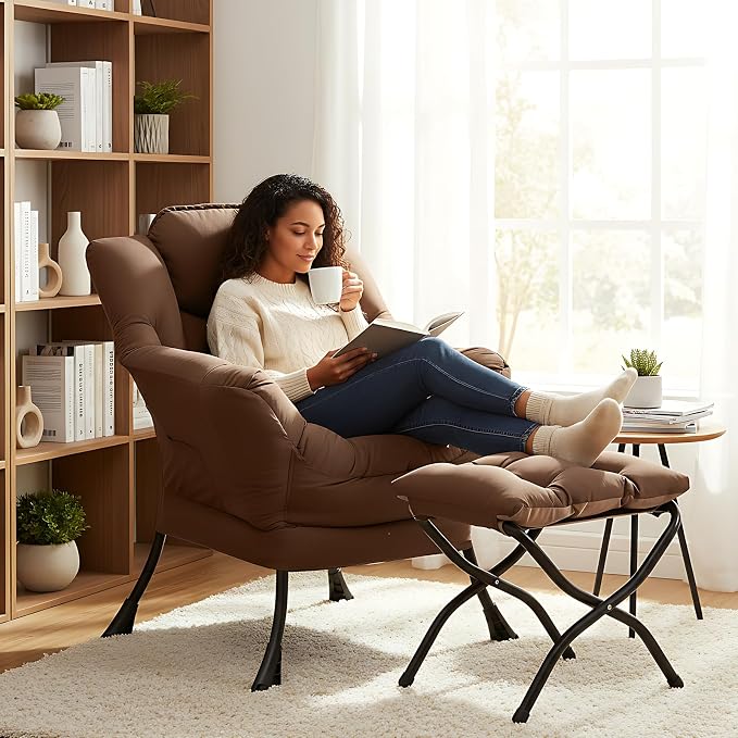 Welnow Lazy Chair with Ottoman, Modern Accent Armchair with Armrests and a Side - Image 5