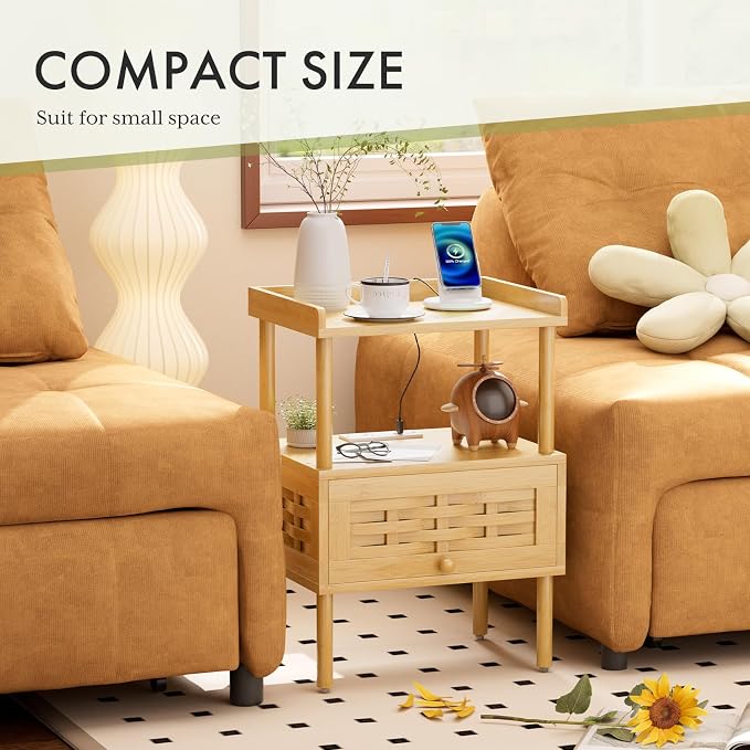 Amazer Nightstand with Charging Station, Bedside Table Bamboo with USB Ports & - Image 6