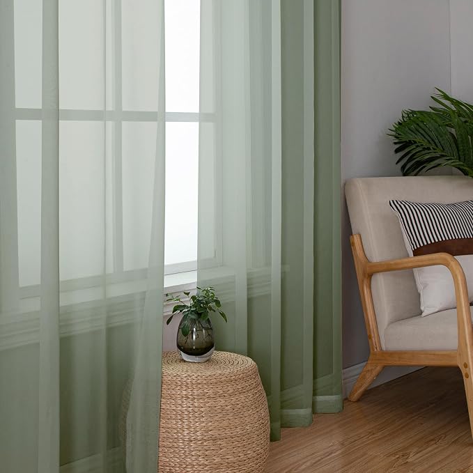 Lecloud Sage Green Sheer Curtains 78 Inches Long 2 Pcs, Modern Solid Voile - Image 2