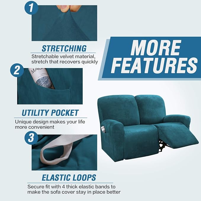 H.VERSAILTEX Velvet Stretch Recliner Couch Covers 6-Pieces Recliner Loveseat - Image 4