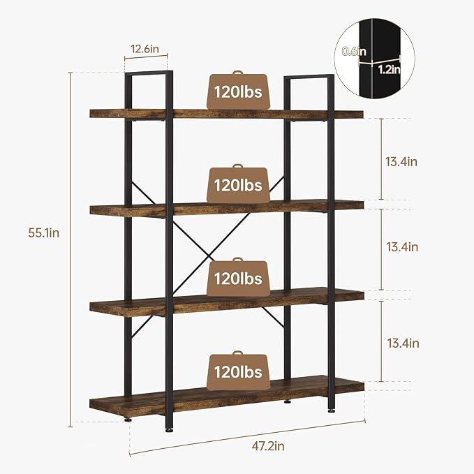 OtterOasis Bookshelf Set, Heavy Duty 4-Tier Industrial Bookcase, 120lbs Shelf - Image 2