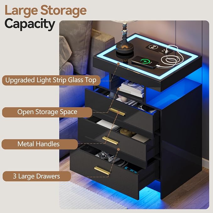 Black Night Stand Set 2 with Wireless Charging Station, Smart Bedside Table - Image 7