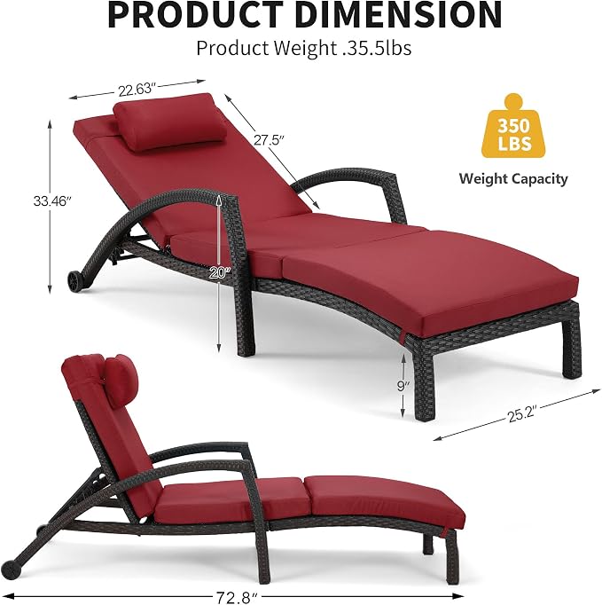 HOMREST Chaise Lounge Chairs Set of 2, PE Rattan Wicker Patio Lounge Chair - Image 2