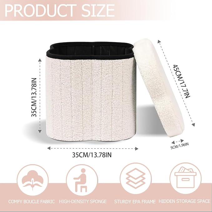 Boucle Storage Ottoman Cube, 13.8" Flower-Shaped Footstool - Image 3
