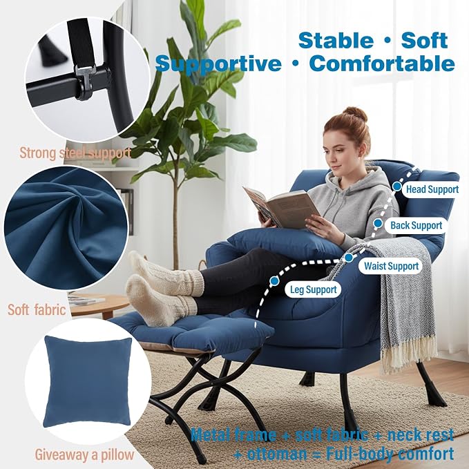 Lazy Chair with Ottoman, Reading Chair with a Pillow, Leisure Sofa Armchair - Image 3