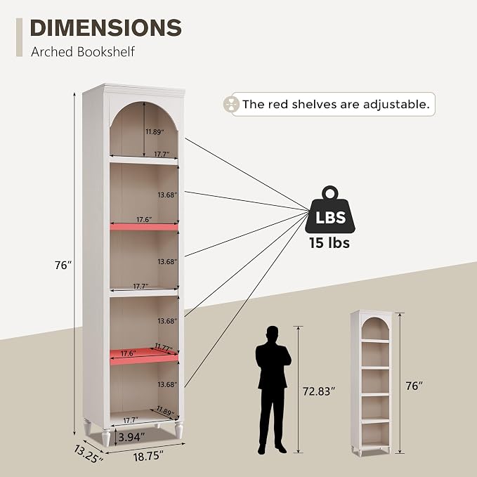 IFGET 76" Tall Arched Bookcase, Farmhouse 5 Tiers Narrow Arched Bookshelf - Image 2
