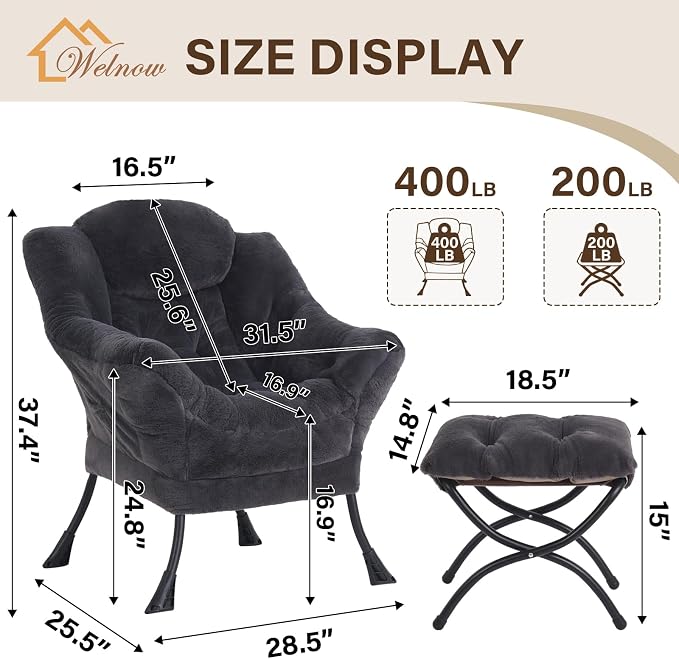 Welnow Lazy Chair with Ottoman, Modern Accent Chair with Armrests and a Side - Image 3