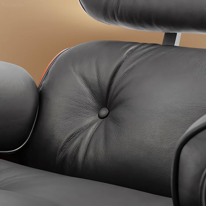 Top Black Grain Leather, Mid Century Chaise Lounge Chair and Ottoman, Modern - Image 8