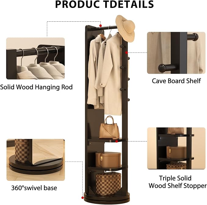 WoodsWhisper Full Length Mirror Coat Rack Solid Wood Floor Mirror 70"x16" Full - Image 5