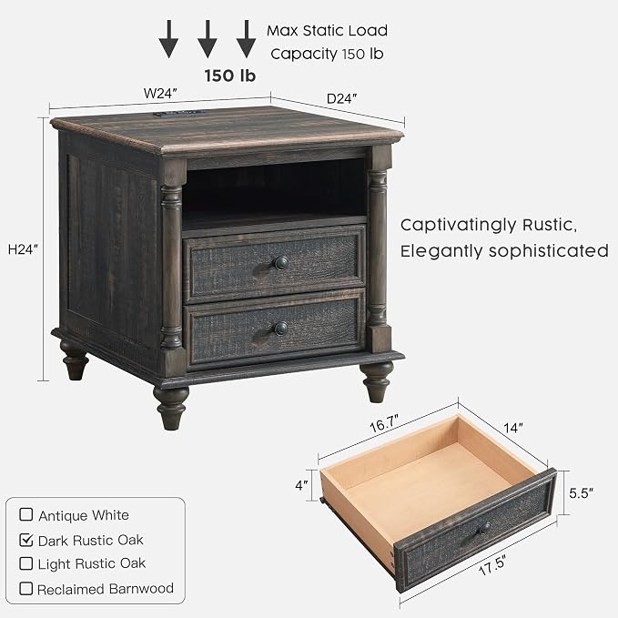 T4TREAM 24'' Farmhouse End Table w/4 Solid Wood Feet Set of 2, Large 2 Drawers - Image 6