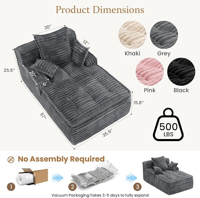 Boneless Chaise Lounge Couch Indoor, Small Corduroy Upholstered Sleeper Sofa - Image 2