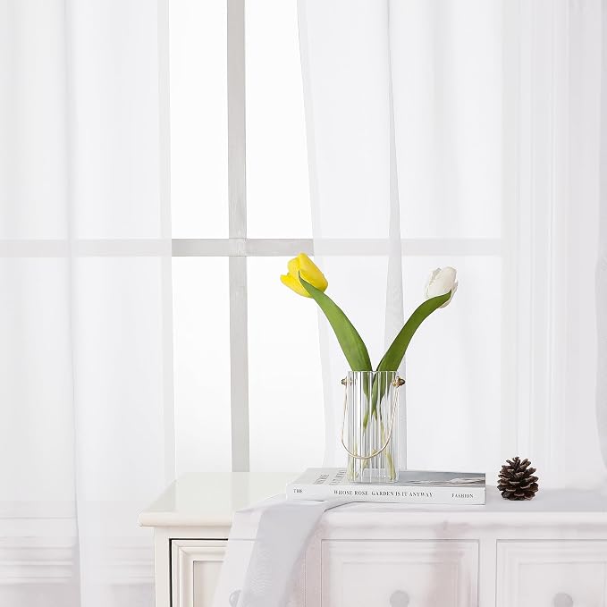 Lecloud White Sheer Curtains 48 Inch Length 2 Pcs, Light Filtering Voile - Image 4