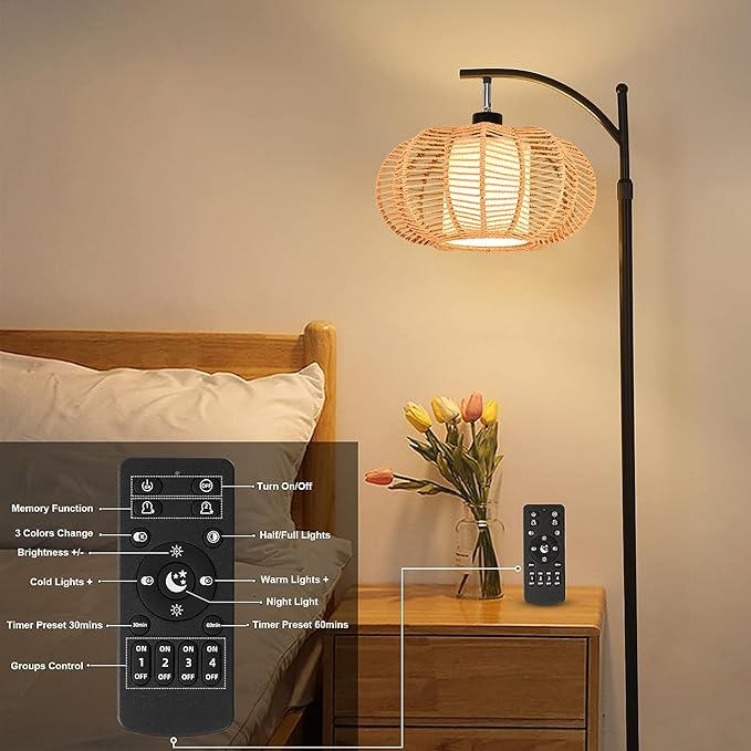 ZECOXOL Arc Floor Lamps for Living Room Bedroom Rattan Boho Floor Lamp - Image 4
