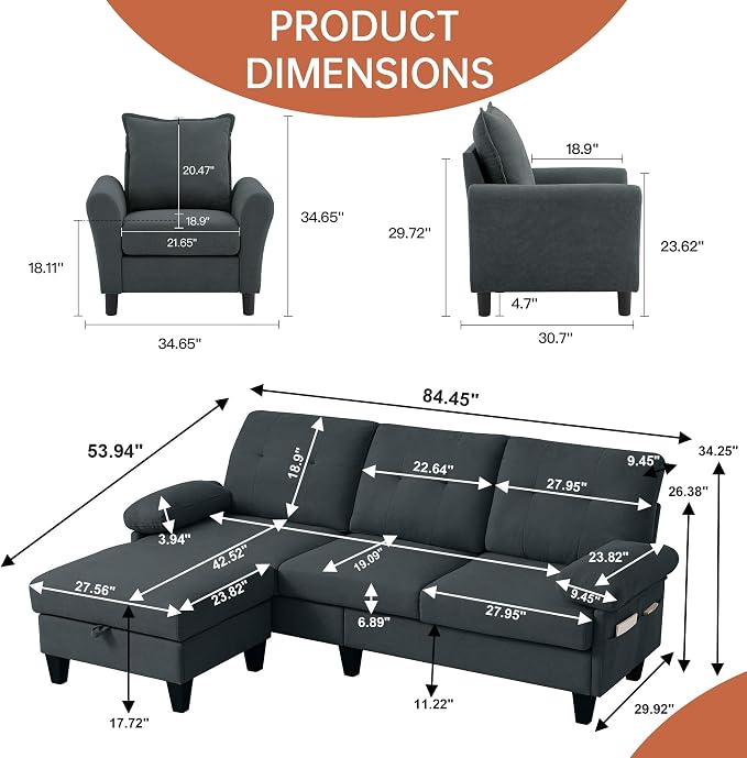 2PCS Sectional Sofa Set with Ottoman, Modern Linen 4 Seater Couch Set with Side - Image 2