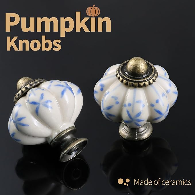 Ivory & Blue Pumpkin Knobs 2 Pack Ceramic Cabinet Knobs Vintage Drawer Pulls - Image 5