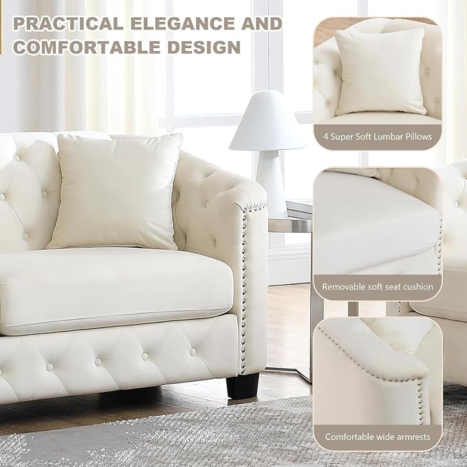 2 Piece Modern Chesterfield Velvet 77" 3-Seater Sofa Set, Upholstered Tufted - Image 4