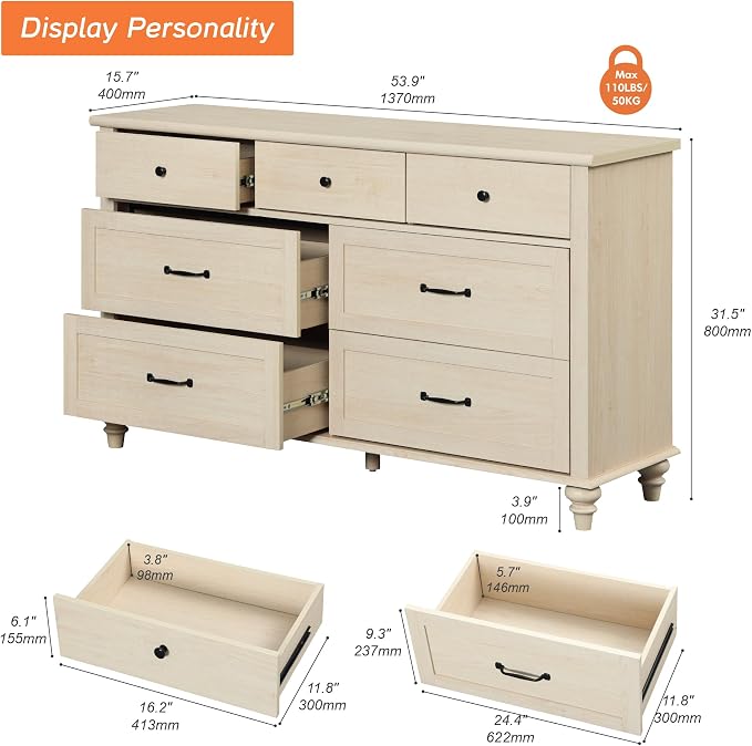 WAMPAT Beige 7 Drawers Dresser for Bedroom, Wide Chest of Drawers Kids Dresser - Image 2
