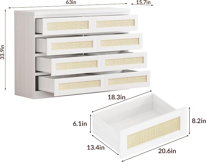 47 Inch Rattan 8 Drawer Dresser, Modern Farmhouse Chest of Drawers, Tv Stand - Image 2