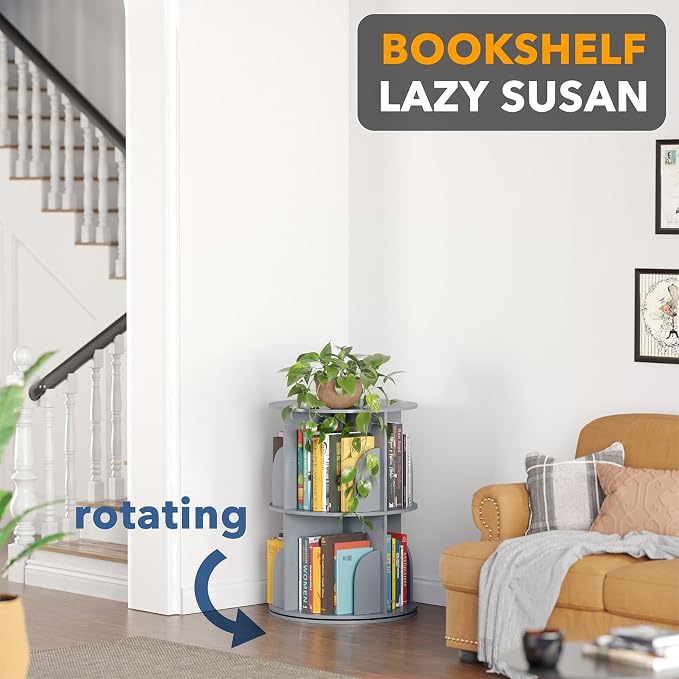 SpaceAid 2 Tier Rotating Bookshelf Tower, Spinning Bookcase Lazy Susan - Image 4