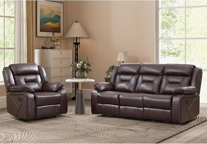 EBELLO Manual Recliner Sofa Set, Faux Leather Reclining Living Room Furniture by EBELLO