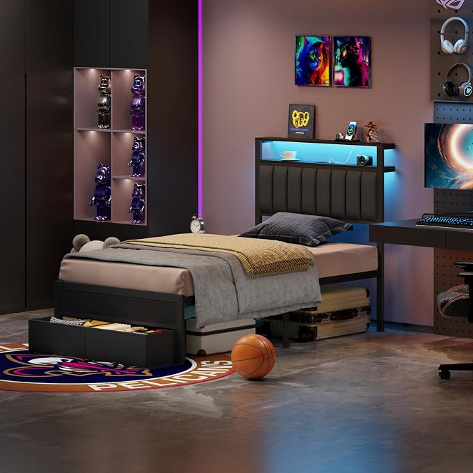 Furnulem Twin Bed Frames with Charging Station and LED Lights, Metal Platform - Image 3