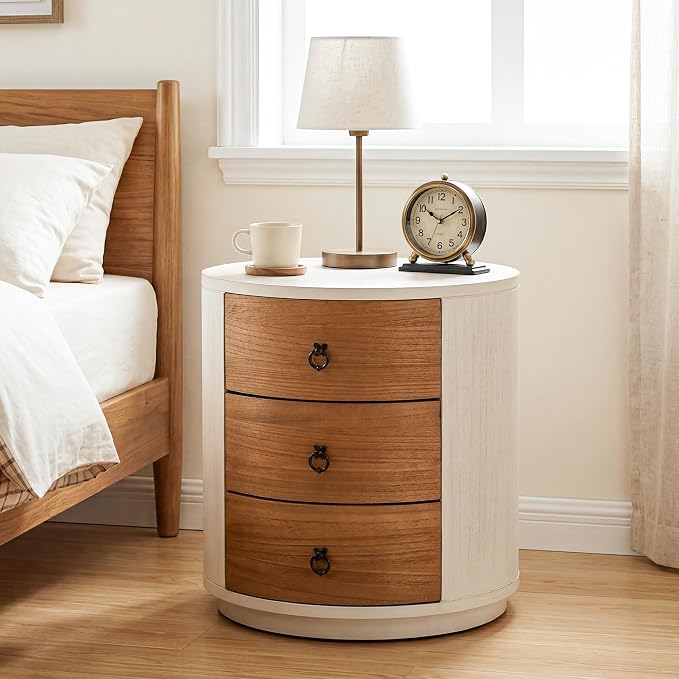 HOMPUS Fully Assembled Round Nightstand, 3 Drawer Chest of Drawers, Wood Rustic by HOMPUS