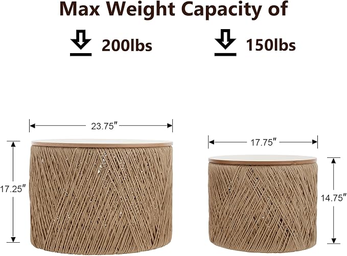 Kmax 24" Round Wood Nesting Coffee Table Set of 2 Handcraft Woven & Rope Rattan - Image 2