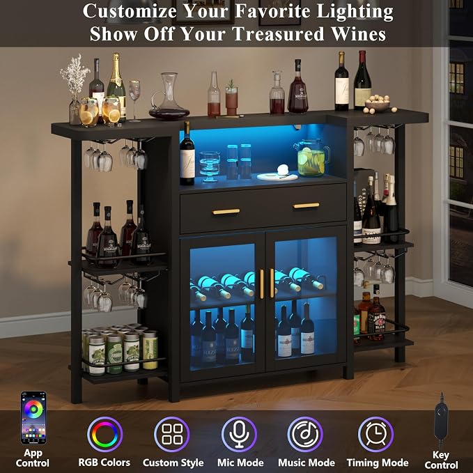 Loomie Bar Table Cabinet with LED Lights & Drawer, 8-Tier Wine Bar Cabinet with - Image 5