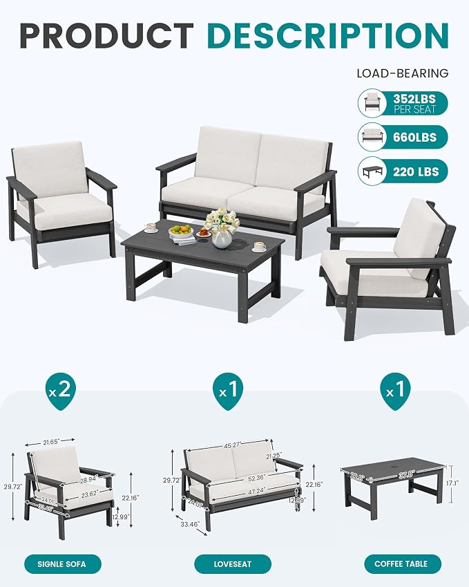 SERWALL HDPE Outdoor Furniture Set 4, All Weather Wood-Like Outdoor Sofa - Image 3