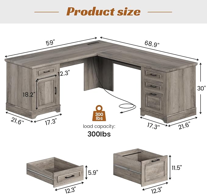 SEDETA 69" L Shaped Desk with Drawers and Storage, Farmhouse Computer Desk with - Image 2