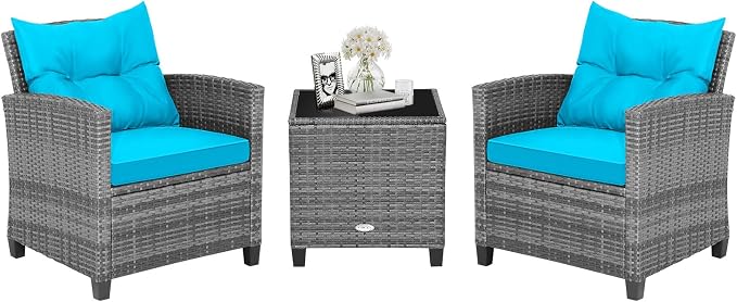HAPPYGRILL 3 Pieces Patio Conversation Set, Outdoor Furniture Set PE Rattan by HAPPYGRILL