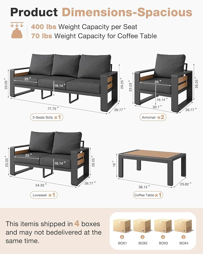 Aoxun Aluminum Patio Furniture Set, 5 Piece Luxury Outdoor Sectional - Image 7