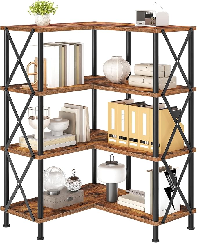 HOOBRO Corner Bookshelf, 4-Tier L-Shaped Bookcase, Industrial Open Display - Image 8
